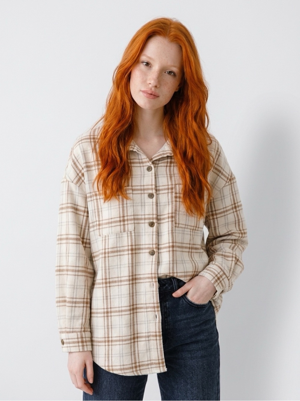 Plaid Shirt Jacket in White & Brown Size XL Like New